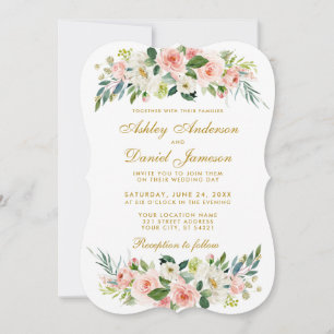Waterverf Floral Pink Blush White Gold Wedding BG Kaart