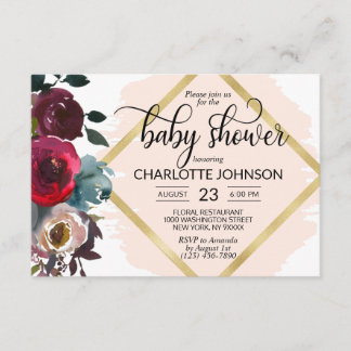 Waterverf Floral Pink Burgundy Gold Baby shower Kaart