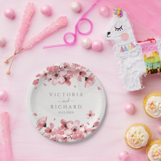 Waterverf Floral Pink Cherry Blossom Papieren Bordje (Feest)