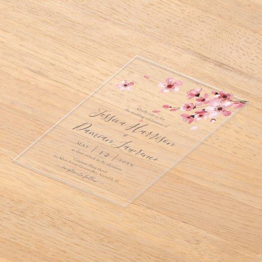 Waterverf Floral Pink Cherry Blossom Wedding Acryl Uitnodigingen (Laagn)