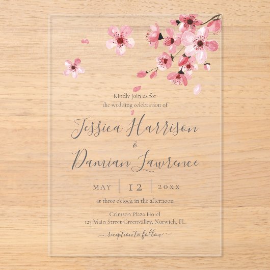 Waterverf Floral Pink Cherry Blossom Wedding Acryl Uitnodigingen (Voorkant)