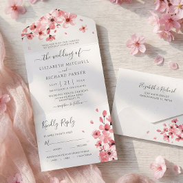 Waterverf Floral Pink Cherry Blossom Wedding All In One Uitnodiging