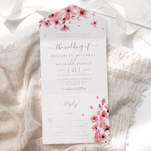 Waterverf Floral Pink Cherry Blossom Wedding All In One Uitnodiging