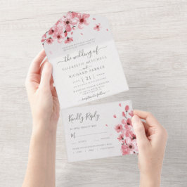 Waterverf Floral Pink Cherry Blossom Wedding All In One Uitnodiging