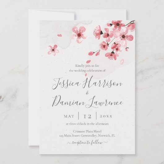 Waterverf Floral Pink Cherry Blossom Wedding Kaart (Voorkant)