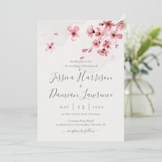 Waterverf Floral Pink Cherry Blossom Wedding Kaart (Staand voorkant)
