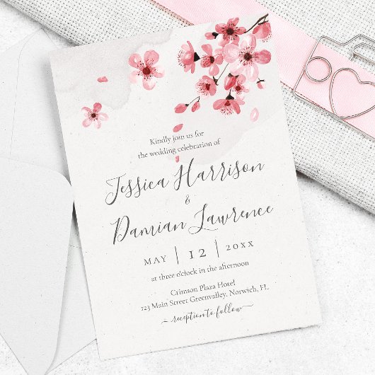 Waterverf Floral Pink Cherry Blossom Wedding Kaart