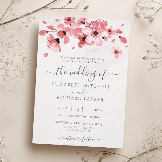 Waterverf Floral Pink Cherry Blossom Wedding Kaart