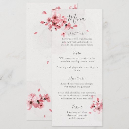 Waterverf Floral Pink Cherry Blossom Wedding Menu (Voorkant / Achterkant)