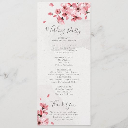 Waterverf Floral Pink Cherry Blossom Wedding Programmakaart (Achterkant)