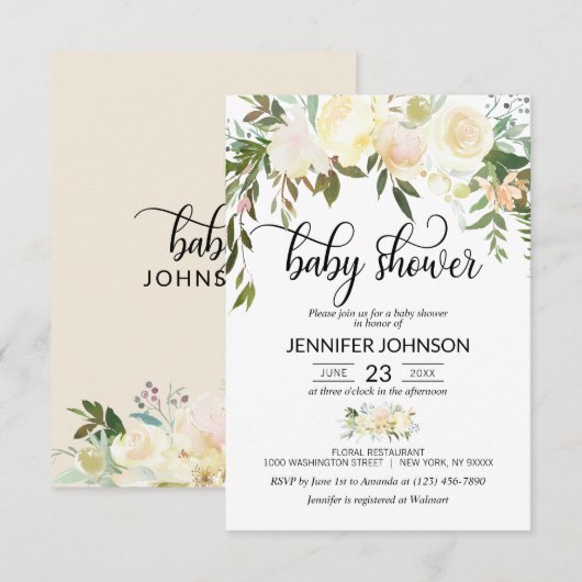 Waterverf Floral Pink Cream Ivory Baby shower Kaart (Voorkant / Achterkant)