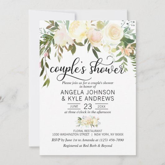 Waterverf Floral Pink Cream Ivory Couple's Shower Kaart (Voorkant)