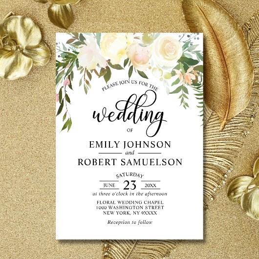 Waterverf Floral Pink Cream Ivory Wedding Kaart