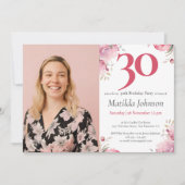 Waterverf Floral Pink Custom Foto 30e Verjaardag Kaart (Voorkant)
