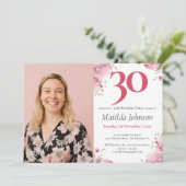 Waterverf Floral Pink Custom Foto 30e Verjaardag Kaart (Staand voorkant)