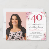 Waterverf Floral Pink Custom Foto 40e Verjaardag Kaart (Voorkant)