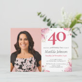 Waterverf Floral Pink Custom Foto 40e Verjaardag Kaart (Staand voorkant)