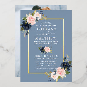 Waterverf Floral Pink Dusty Blue Foto Gold Folie Uitnodiging