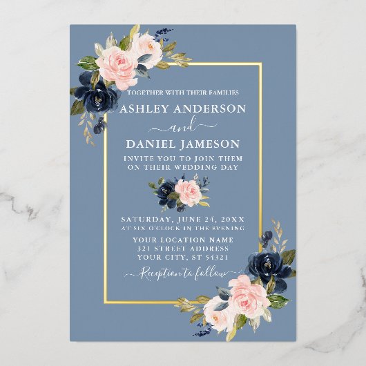 Waterverf Floral Pink Dusty Blue Gold Folie Uitnodiging (Voorkant)