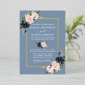Waterverf Floral Pink Dusty Blue Gold Folie Uitnodiging (Staand Voorkant)