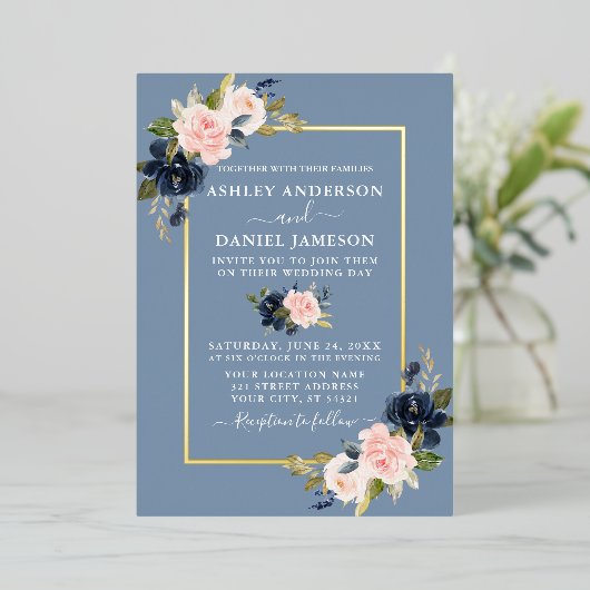 Waterverf Floral Pink Dusty Blue Gold Folie Uitnodiging (Staand Voorkant)
