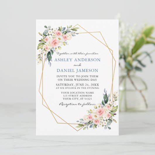 Waterverf Floral Pink Dusty Blue Wedding Geo Kaart (Staand voorkant)