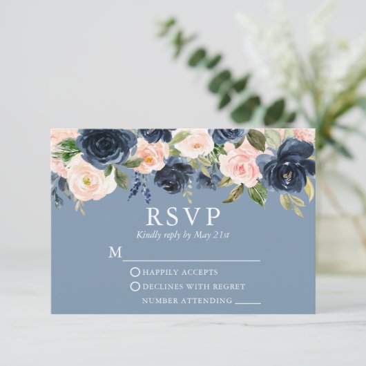 Waterverf Floral Pink Dusty Blue Wedding RSVP Kaartje (Staand voorkant)