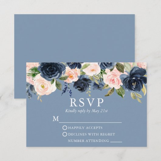 Waterverf Floral Pink Dusty Blue Wedding RSVP Kaartje (Voorkant / Achterkant)
