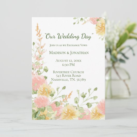 Waterverf Floral Pink Elegant Chic Green Script Kaart (Staand voorkant)