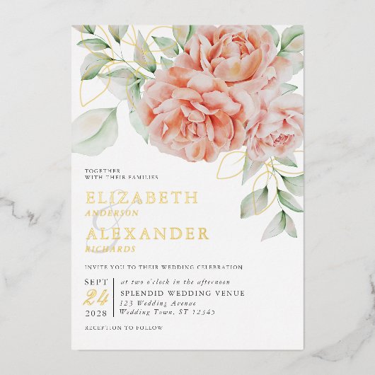 Waterverf Floral Pink Elegant Wedding Gold Folie Uitnodiging (Voorkant)