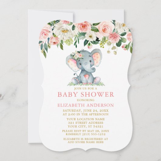 Waterverf Floral Pink Elephant Baby shower Gold Kaart (Voorkant)