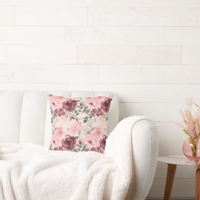 Waterverf  Floral Pink en Burgundy Kussen (Bank)