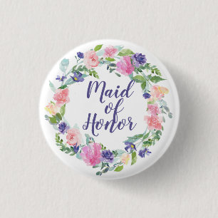 Waterverf Floral Pink en Paarse Maid of Honor Ronde Button 3,2 Cm