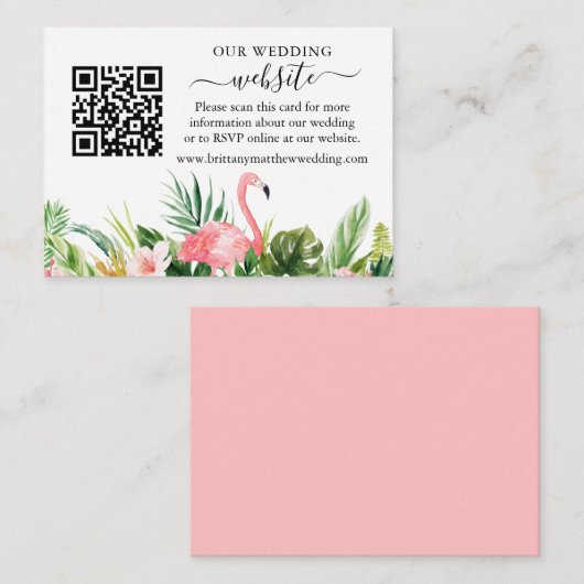 Waterverf Floral Pink Flamingo Wedding Website QR Informatiekaartje (Voorkant / Achterkant)