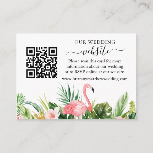 Waterverf Floral Pink Flamingo Wedding Website QR Informatiekaartje (Voorkant)