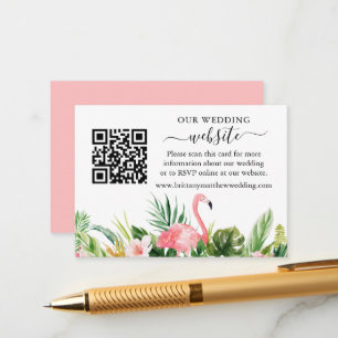 Waterverf Floral Pink Flamingo Wedding Website QR Informatiekaartje