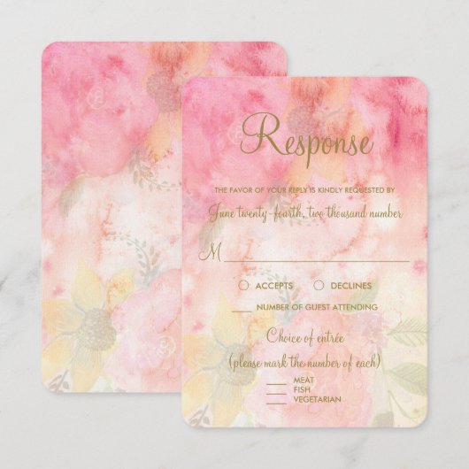 Waterverf Floral Pink Formal Wedding RSVP Antwoord (Voorkant / Achterkant)