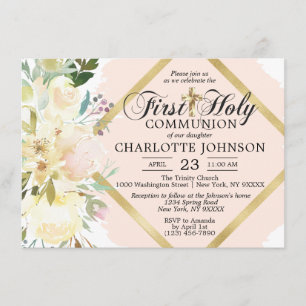 Waterverf Floral Pink Girl Eerste Heilige Communie Kaart