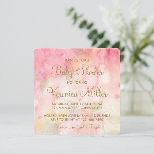 Waterverf Floral Pink Gold Baby shower Uitnodiging (Staand voorkant)