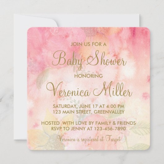Waterverf Floral Pink Gold Baby shower Uitnodiging (Voorkant)
