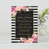 Waterverf Floral Pink Gold Black Striped Wedding Kaart (Staand voorkant)
