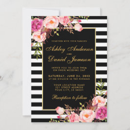 Waterverf Floral Pink Gold Black Striped Wedding Kaart