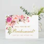 Waterverf Floral Pink Gold Bridesmaid Kaart (Staand voorkant)