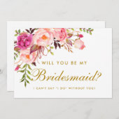 Waterverf Floral Pink Gold Bridesmaid Kaart (Voorkant / Achterkant)