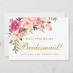 Waterverf Floral Pink Gold Bridesmaid Kaart