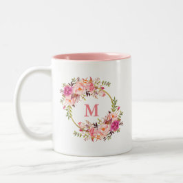 Waterverf Floral Pink Gold Circle Monogram Tweekleurige Koffiemok