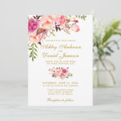 Waterverf Floral Pink Gold Photo Wedding Kaart (Staand voorkant)