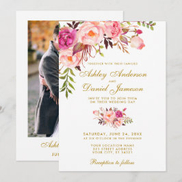 Waterverf Floral Pink Gold Photo Wedding Kaart