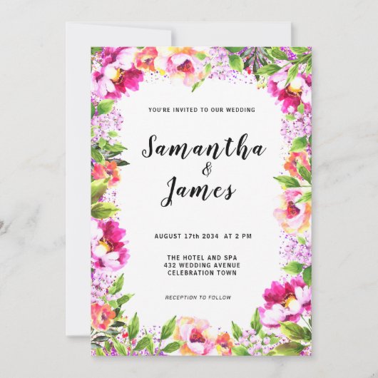 Waterverf Floral Pink Greenery Wedding Kaart (Voorkant)