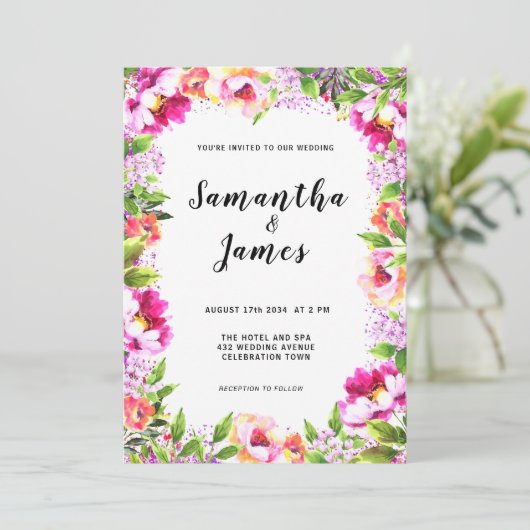 Waterverf Floral Pink Greenery Wedding Kaart (Staand voorkant)